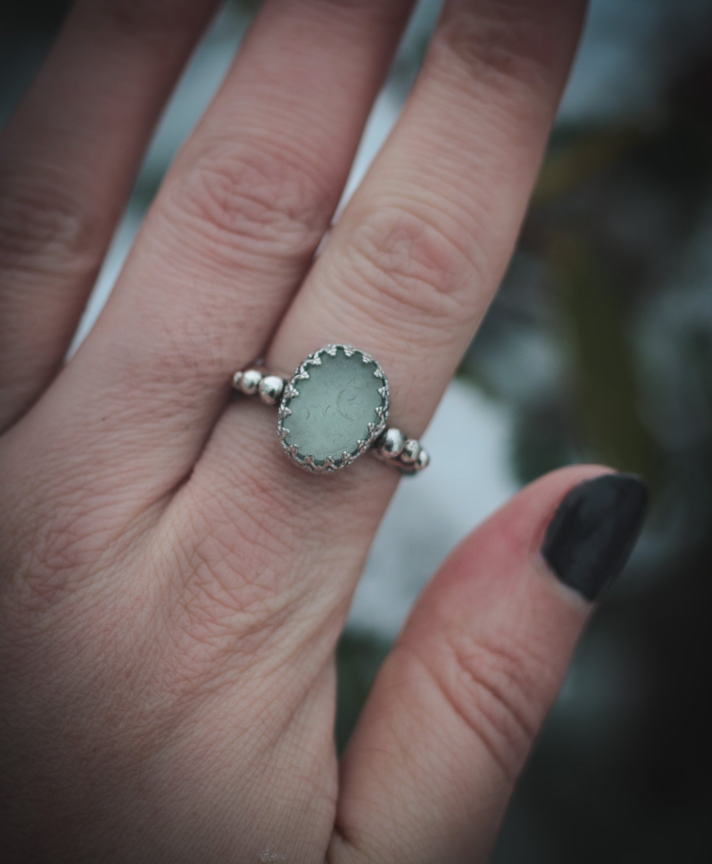 Seaglass ring with pebbles. UK size S -US 9 1/4