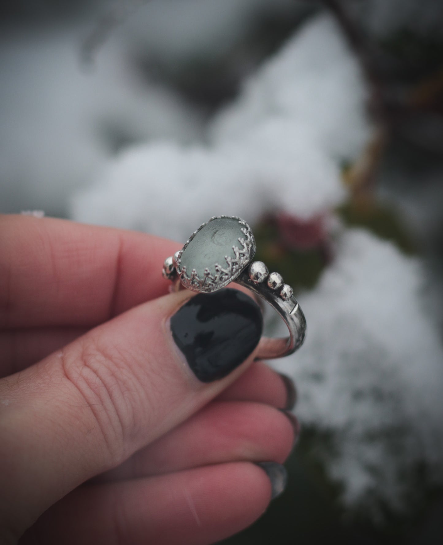 Seaglass ring with pebbles. UK size S -US 9 1/4