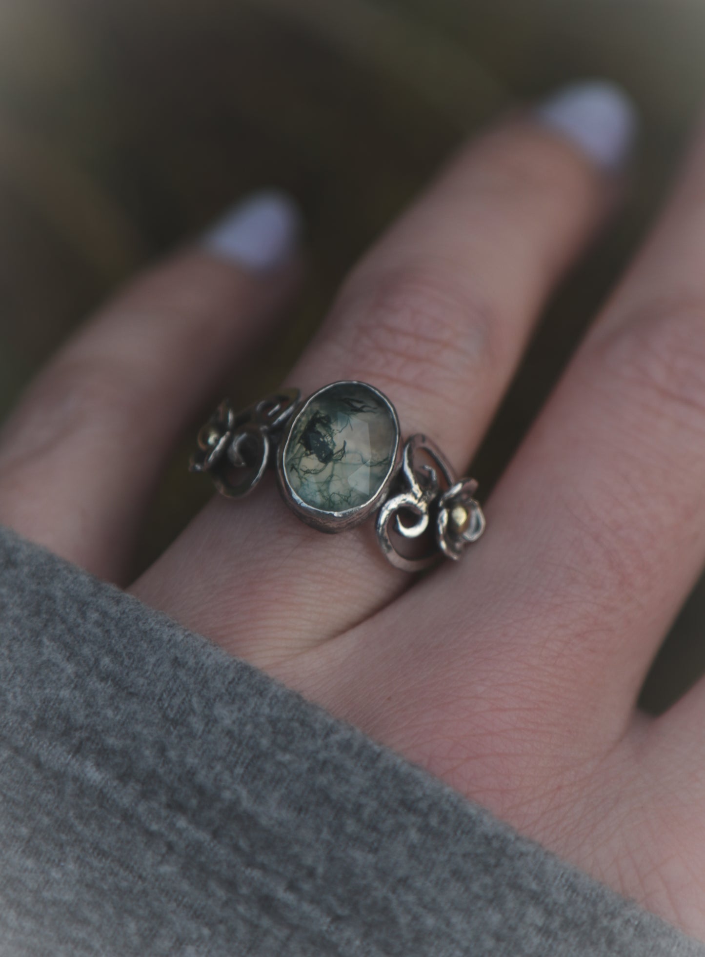 Moss Agate hearts and flowers ring - UK size N - US size 6 3/4