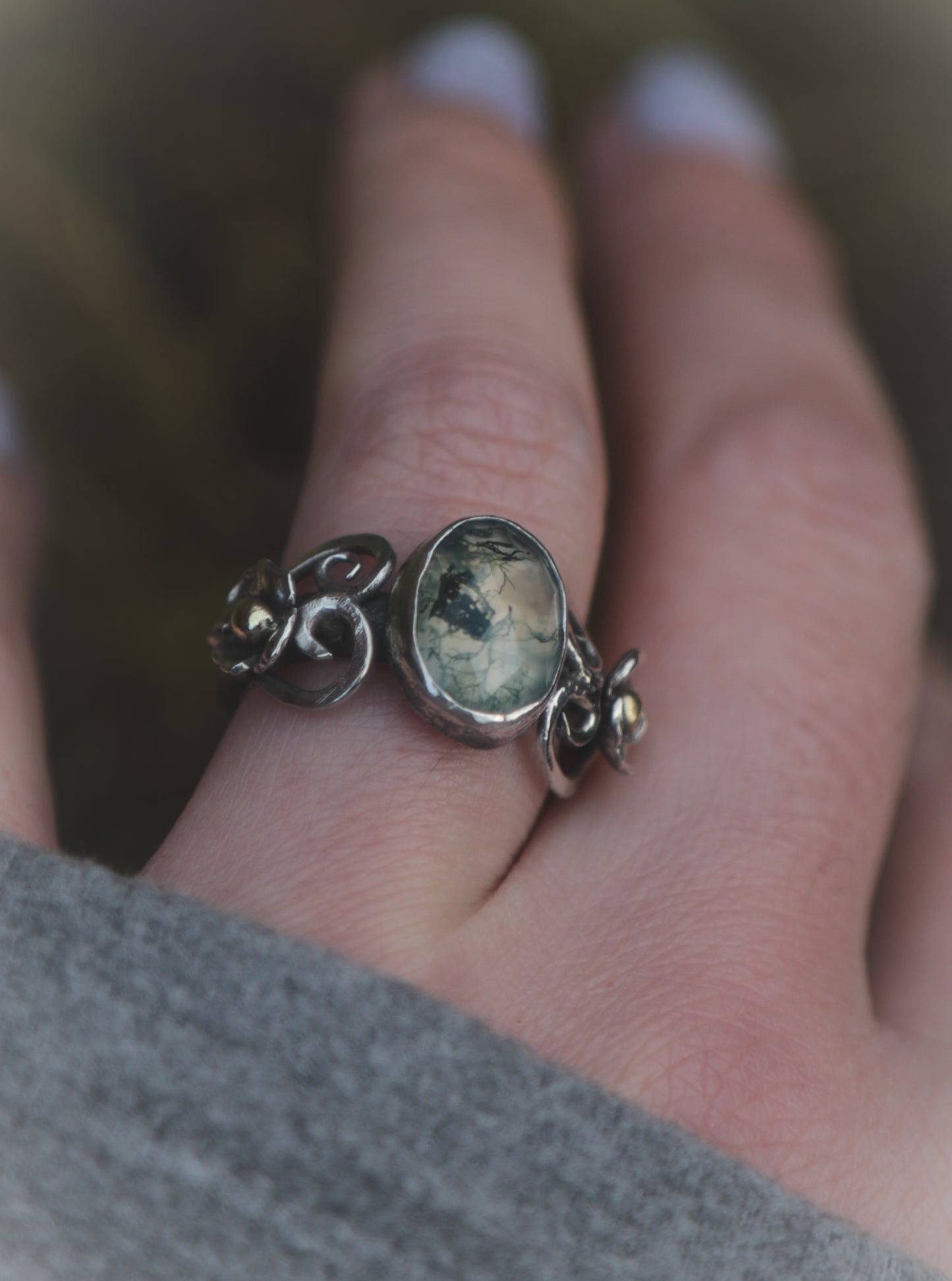 Moss Agate hearts and flowers ring - UK size N - US size 6 3/4
