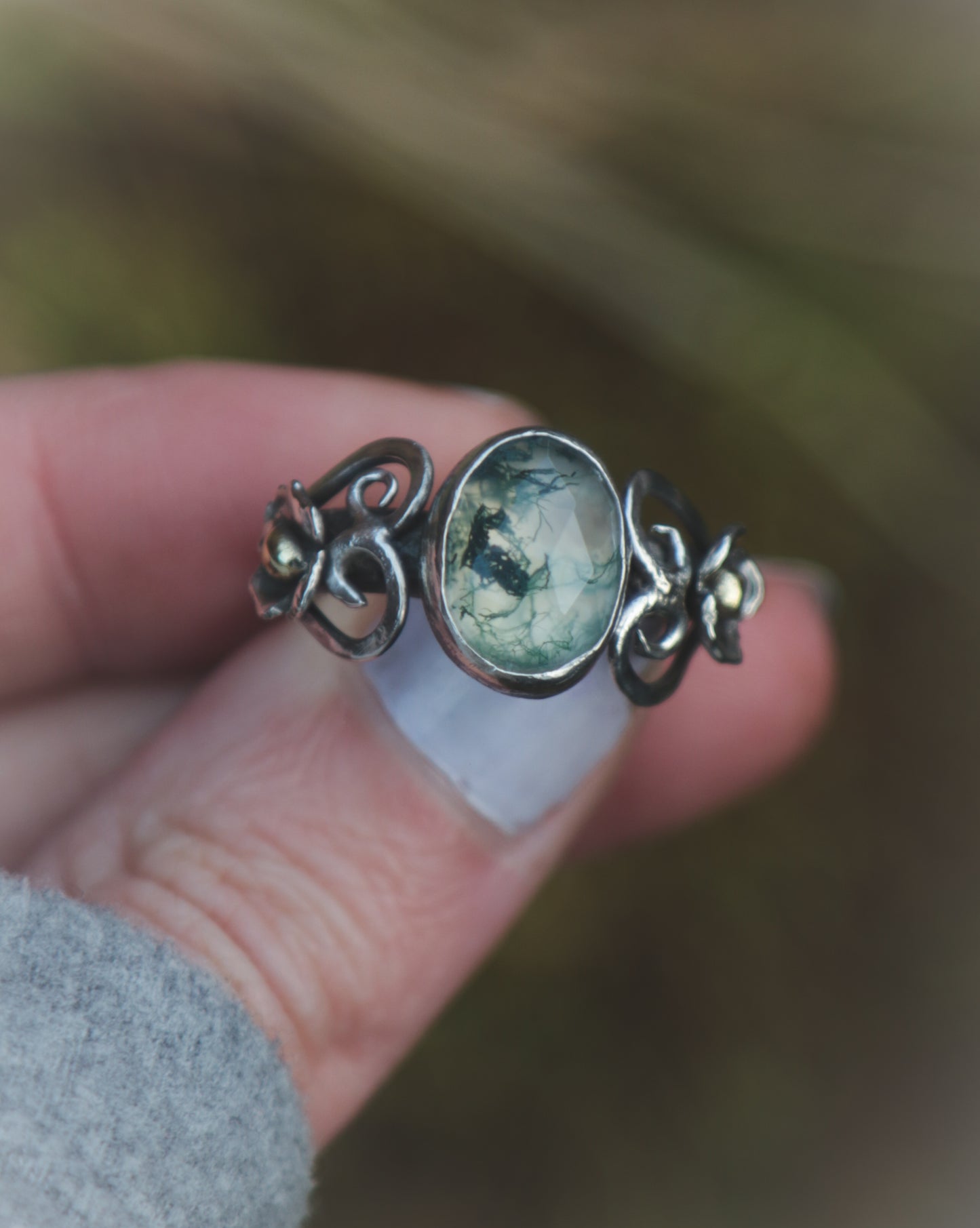 Moss Agate hearts and flowers ring - UK size N - US size 6 3/4