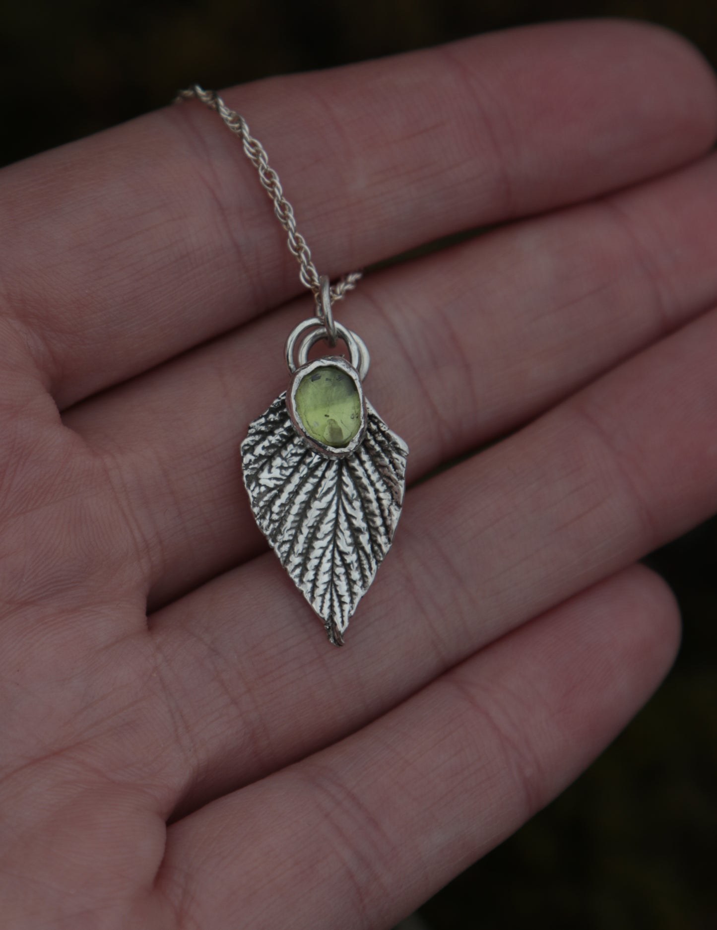 Silver Raspberry leaf necklace with Peridot.