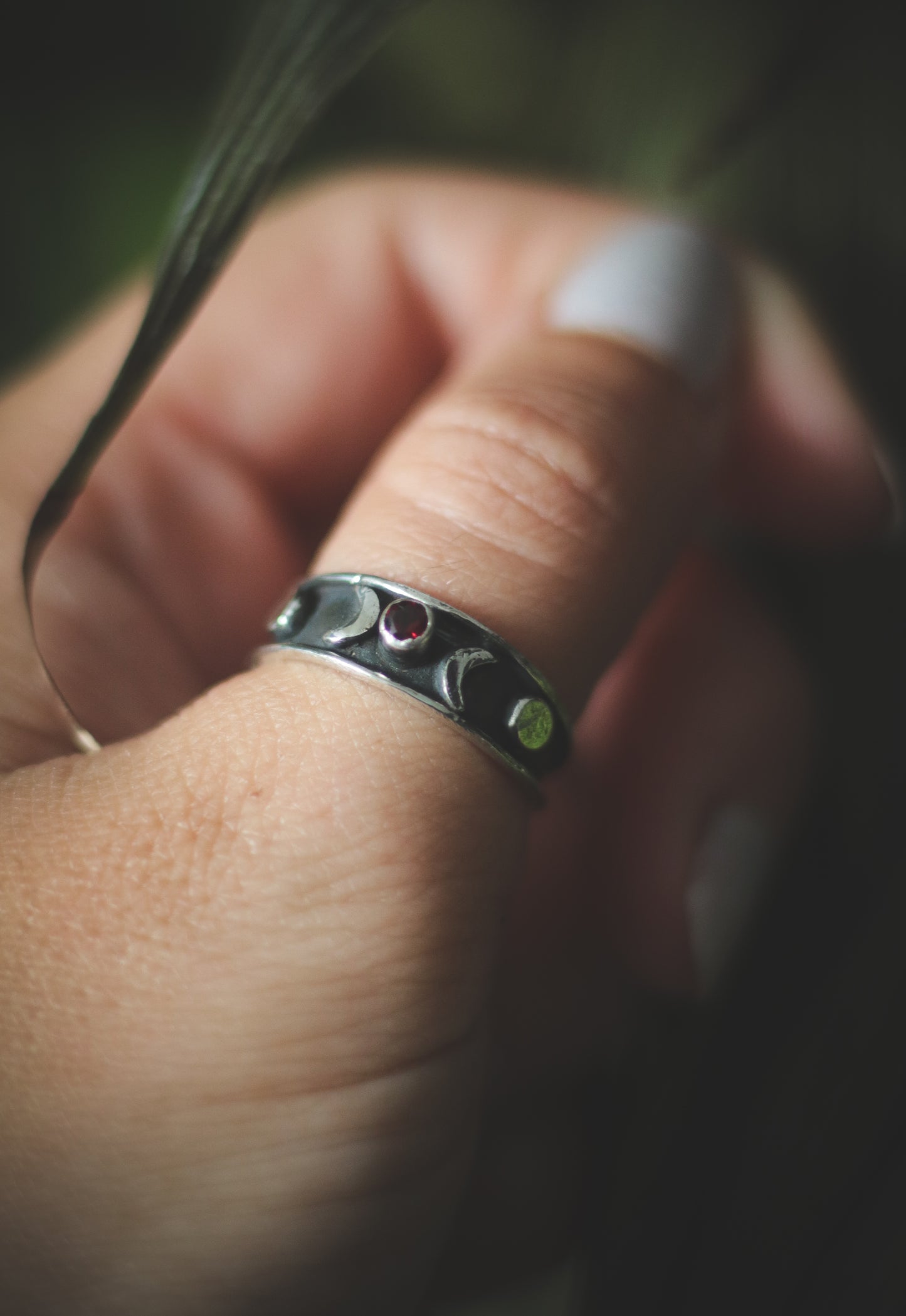 Triple Moon ring with Garnet. UK size P 1/2 -US 8