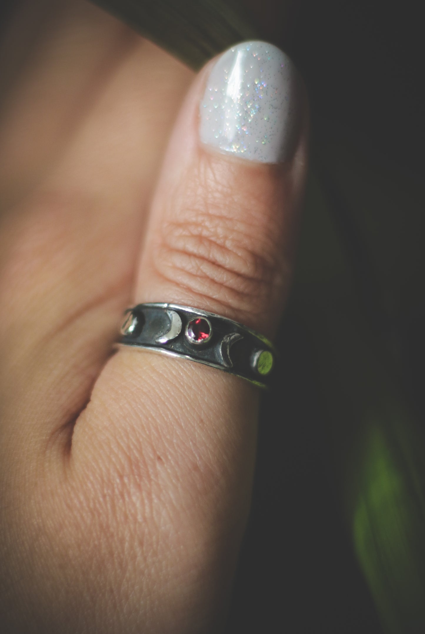 Triple Moon ring with Garnet. UK size P 1/2 -US 8