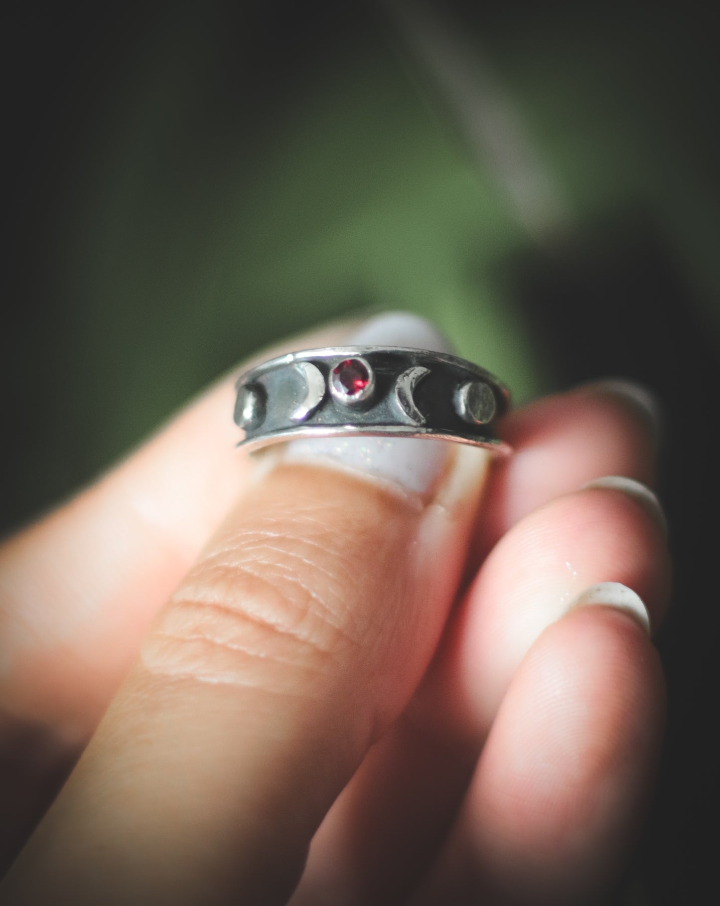 Triple Moon ring with Garnet. UK size P 1/2 -US 8
