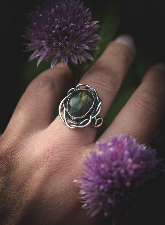 Whimsical Labradorite ring.  UK size P   -US 7 3/4