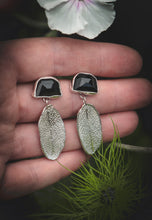 Load image into Gallery viewer, Black Onyx and Sage leaf drop earrings.
