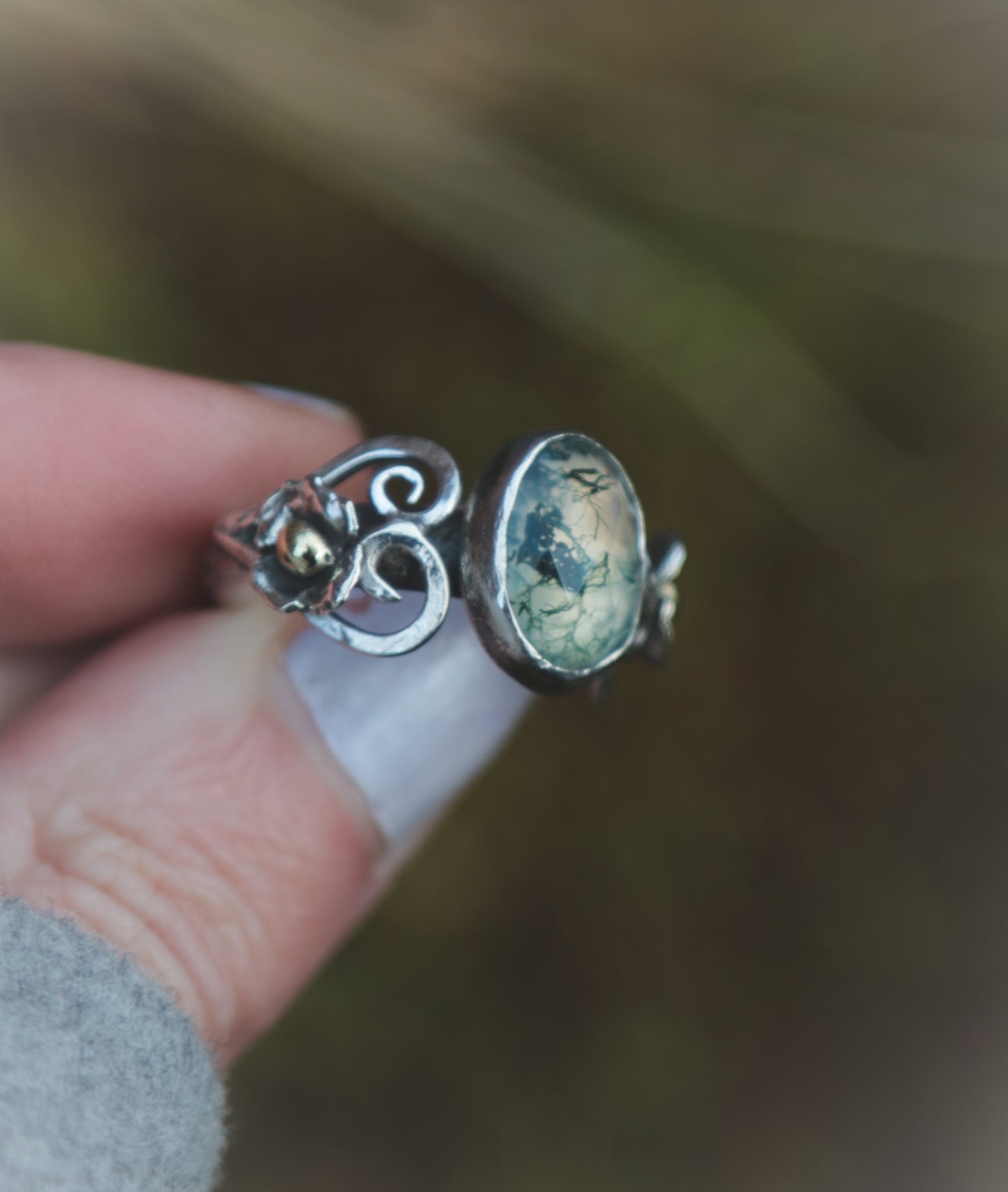 Moss Agate hearts and flowers ring - UK size N - US size 6 3/4