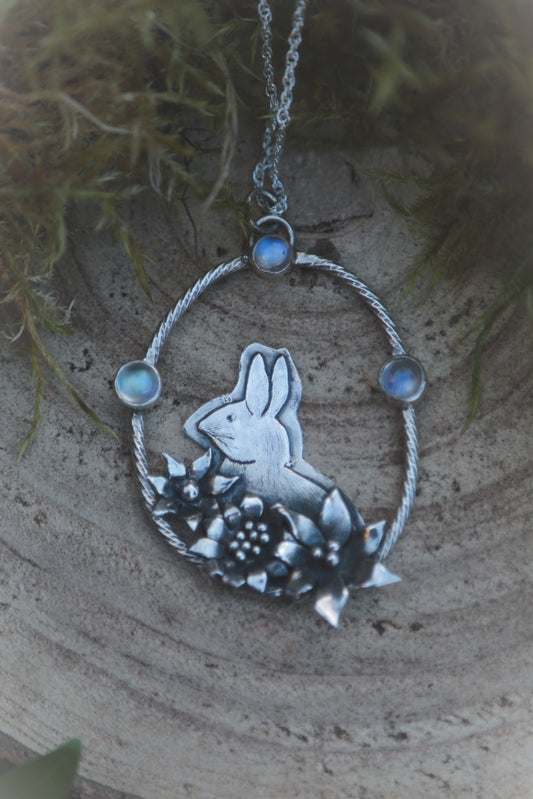 Silver Rabbit necklace with Moonstones