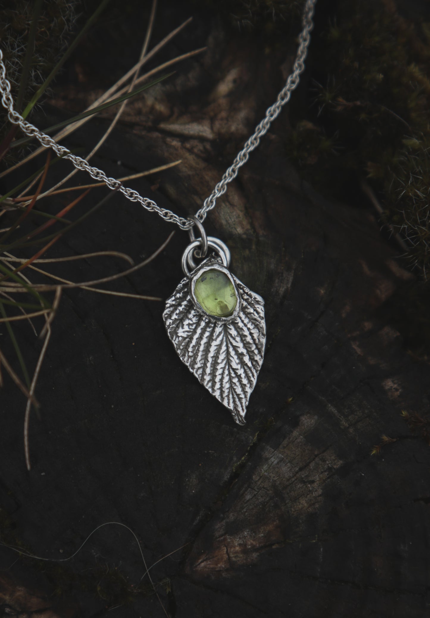 Silver Raspberry leaf necklace with Peridot.