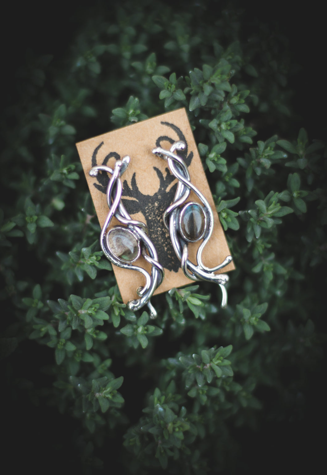 Silver elven earrings with Labradorite