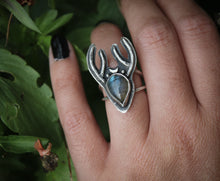 Load image into Gallery viewer, Labradorite stag ring - UK size M, US size 6 1/4
